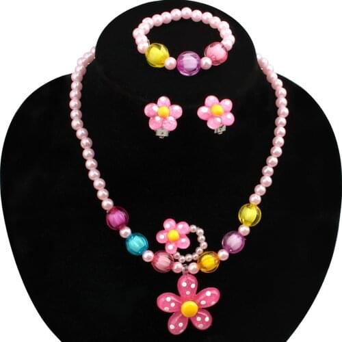 Cute Children Flower Beaded Jewelry Set Resin Pink Necklace Bracelet Ring Earrings Set Girls