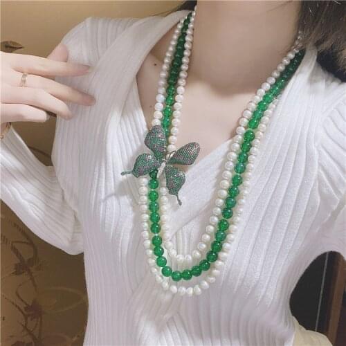 20" 3 Strands White Pearl Green Jade Necklace Buttyfly CZ Pendant