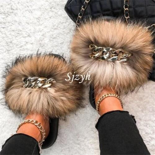 Summer Ladies Furry Slides Girls Luxury Fluffy Fur Slippers Womens Chain Plush Sandals Female Designer Flip Flops Mules Shoes