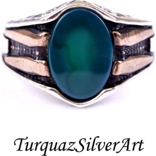 Mans 925 Aqua Blue-Green Oval Cut Agate Ring, Handmade 925 Silver Ring, Silver Handmade Ring for Man