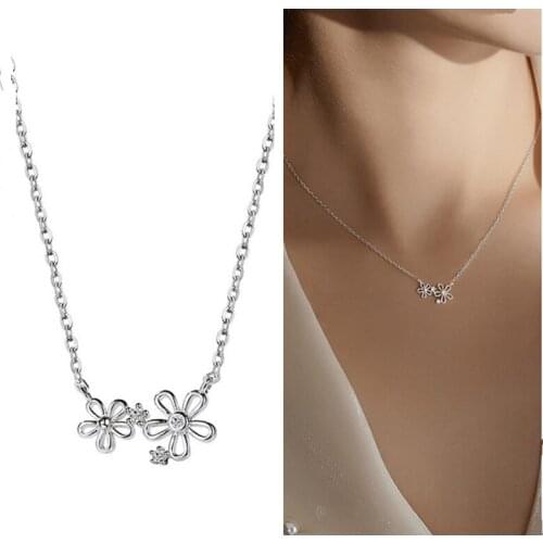 Fashion Crystal Flower Pendant Necklace For Women Jewelry Trendy Silver 925 Girl Clavicle Accessories Lady Bright Choker Bijou