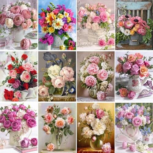 5D DIY Diamond Painting Set Rose Vase Cross Stitch Kit Embroidery Diamond Mosaic Flower Picture of Rhinestones Home Decoration