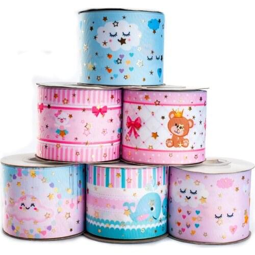 New Beautiful Cartoon 50 Yards 75mm 3''inch with Star Gold Foil Printed Grosgrain Ribbon for Diy Hair Bow