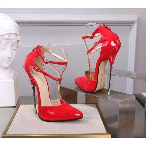 New fashion sexy nightclub pole dance pointed metal heel high heels womens 16 cm hollow sandals double wrist strap high heels