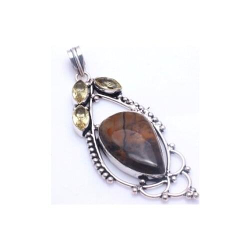 Genuine Honey Jasper + Citrine Pendant Silver Overlay over Copper , 85 mm, P10705
