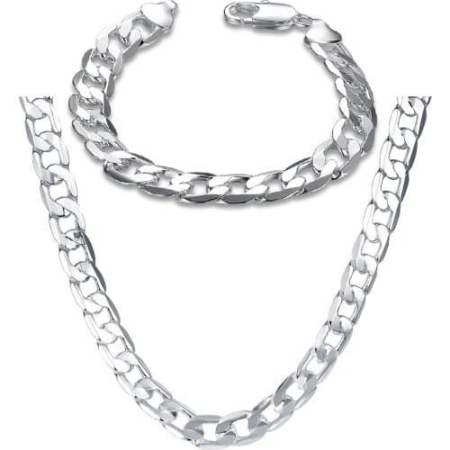 Factory direct fine 925 sterling Silver classic 10mm Geometric chain bracelet necklace for Mens Jewelry sets Fashion Party gift