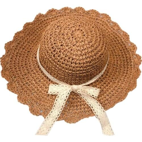 Casual Women Sun Hats Crochet Knit Straw Foldable Lace Ribbon Hat Sunscreen Beach Cap Sunhat Fashion girls Straw cap