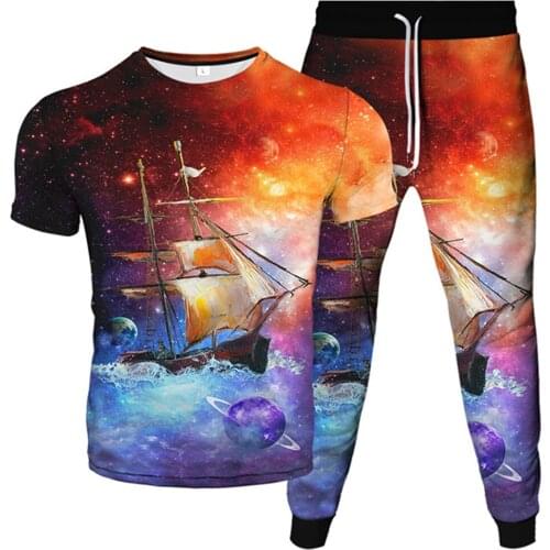 Men Women Harajuku Universe Galaxy Planet Sailing Boat Outfits T-Shirt Tops+Long Pants Tracksuits Suit Male Female Jogging Sets
