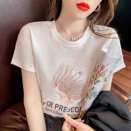 Korean Style Short SleevesHot diamond Loose T Shirt Hot Sales Female Tshirt Women Fashion Graphic T-Shirt white t shirt tops
