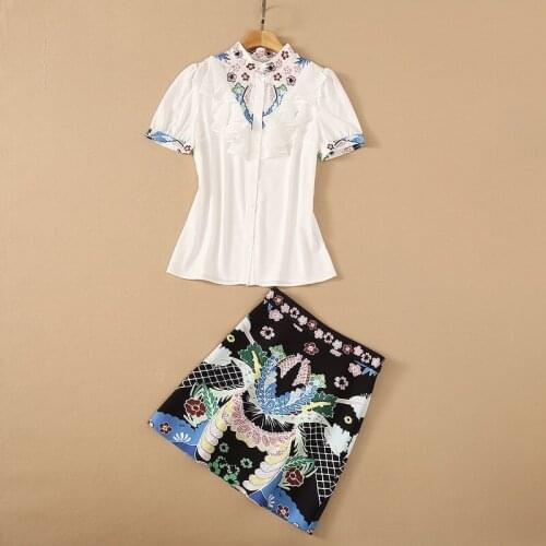 European and American womens wear for summer 2021 shirt with short sleeves and flounces Vintage print skirt Fashion suits