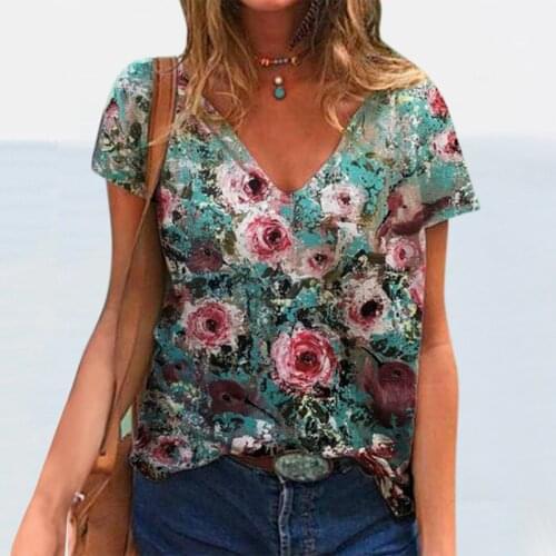 Women T-shirts Plus Size Vintage Floral Print Summer Casual Harajuku Tee Tops V-neck Short-sleeved Pullover T-shirt