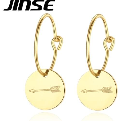 JINSE New Fashion Round Stainless Steel Hoop Earrings for Women Gold Metal Jewelry Round Coin Arrow Boucle D'Oreille Femme Gifts