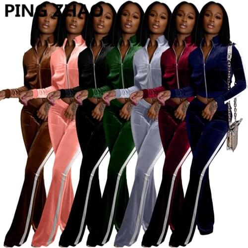 PING ZHAO Women Tracksuit Patchwork Velvet Zip Crop Tops Flare Pants Two Piece Sets Fitness Joggers Sweatsuit Casual Outfit