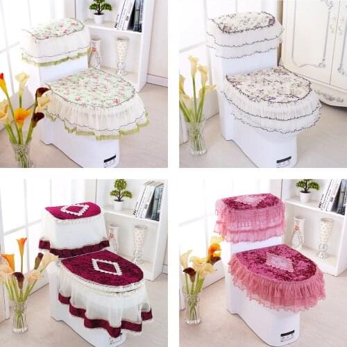 3pcs/set Toilet Seat Cover Zippered Overcoat Toliet Case Home Decor Bathroom Products Lace Toilet Pads Mat Toilet Tank Lid Cover