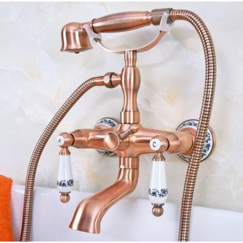 Antique Red Copper Brass Wall Mounted Bathroom Clawfoot Tub Faucet Mixer Tap Telephone Shower Head Dual Ceramic Handles ana331