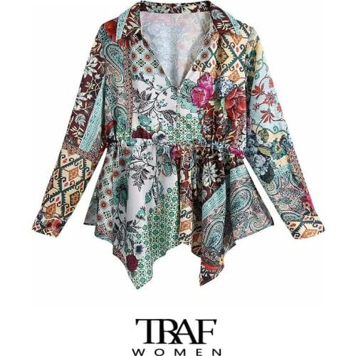 TRAF Za Women Fashion Patchwork Floral Print Asymmetric Blouses Vintage Long Sleeve Drawstring Female Shirts Chic Tops
