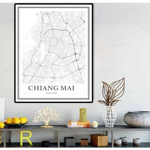 Custom Map Modern chiang mai00 Black and White World City Map Canvas Painting Poster Print Wall Art Home Decoration