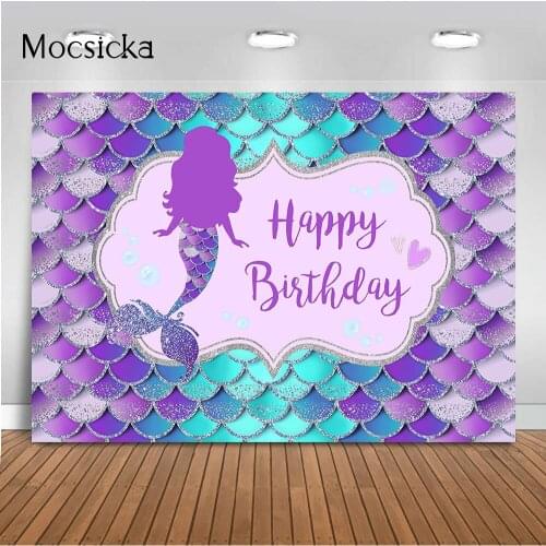 Mermaid Birthday Backdrop Under The Sea Birthday Party Decoration for Girl Blue Purple Scales Photography Background Photocall