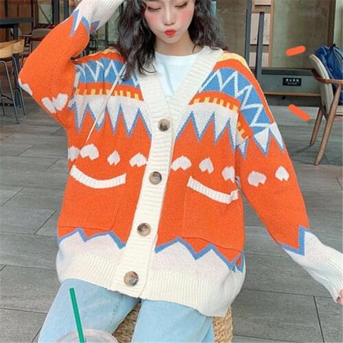 Plus Size Cardigan Sweaters for Women Casual V-Neck Striped Knitted Coat Loose Pockets Single Breasted Sweet Female Outwear
