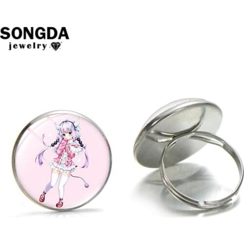 SONGDA Miss Kobayashis Dragon Maid Rings Cosplay Anime Jewelry Lovely Thor KannaKamui Cartoon Printed Glass Cabochon Alloy Ring