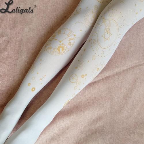 Time Machine ~ Vintage Clock Printed Lolita Pantyhose Gold Stamped Patterned Tights Blue Gray Red White