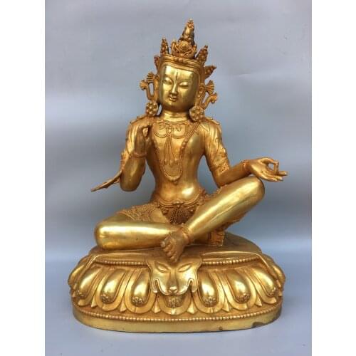 19"Chinese temple collection Old Bronze Gilt Seven Eyes Tara Bodhisattva Sitting Buddha Enshrine the Buddha Ornaments Town House