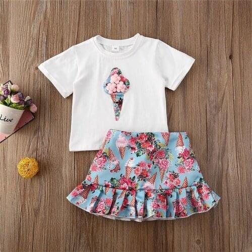 2Pcs Summer Kids Clothes For Baby Girl Fashion Ice cream T shirt Floral Ruffle Dress Outfits Suit Toddler Girl Clothing Set 1-5Y