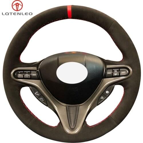 LQTENLEO Black Suede Genuine Leather Car Steering Wheel Cover for Honda Civic Civic 8 2006-20011 (3-Spoke)