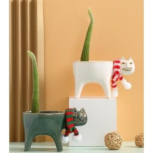 Cute Cat Tail Flower Pot Ceramic Personality Creative Cactus Succulent Simple Decoration Desktop Cartoon Animal Ornaments