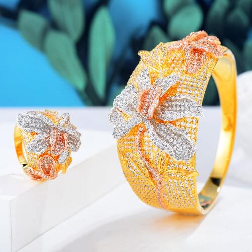 Missvikki Luxury Flowers Trend Luxury Full Micro Cubic Zirconia Geometry Bangle Ring Sets For Women Wedding Dubai Bridal Jewelry