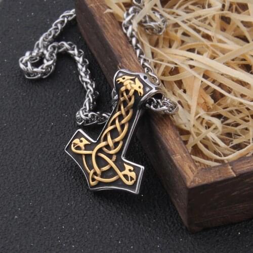 Never Fade Mix Gold thors hammer necklace viking scandinavian Wolf viking necklace Men Stainless Steel gift