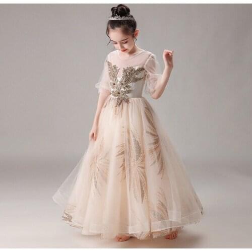 Flower Girl Dresses Illusion Crystal Embroidery Beading O-Neck Half Princess Floor-Length Lace Luxury Tulle Kids Party Gown H325
