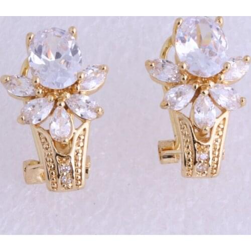 Love Monologue Flower Style White AAA Cubic Zirconia Yellow Gold Color Clip Earrings Wedding Jewelry J0379