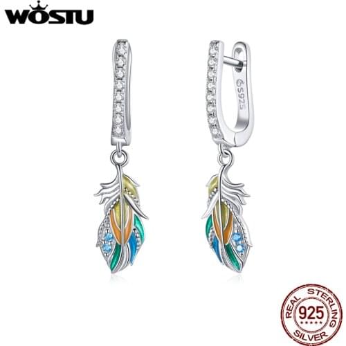 WOSTU Drop Earrings 925 Sterling Silver Earrings Colored Feather Ear Buckles Design Long Earrings For Women Jewelry CTE485