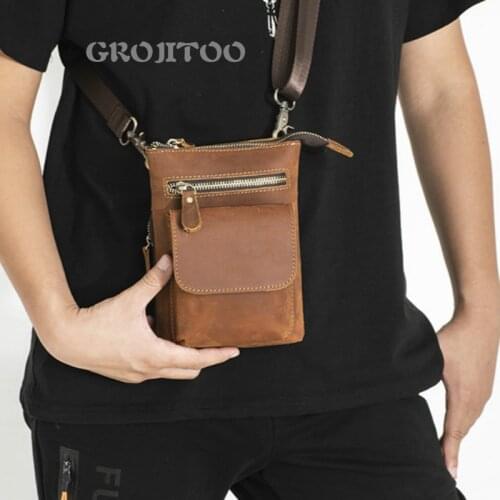 GROJITOO Mad horse leather outdoor leisure mens shoulder bag, top layer cowhide multifunctional zipper messenger bag