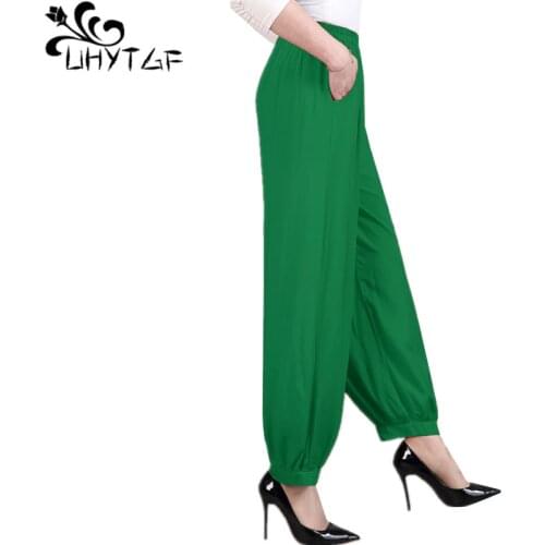 UHYTGF Trousers For Women 2021 Fashion Cotton Silk Printing Casual Spring Summer Pants Female Elegant Loose Plus Size Pants 1615