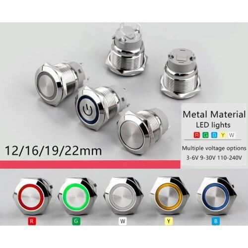 12/16/19/22mm Waterproof Metal Push Button Switch LED Light Momentary Latching Car Engine Power Switch 5V 12V 24V 220V Red Blue