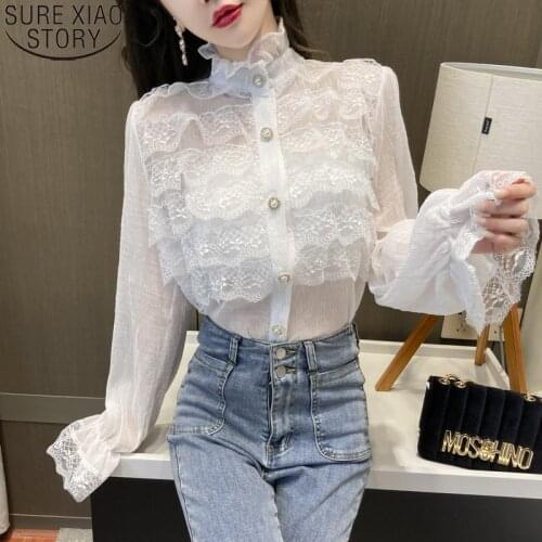2021 Sweet Lace Shirt Women Korean Lace Ruffled Stand Collar Fashion Patchwork Shirt Spring Flare Long Sleeve Casual Tops 13298