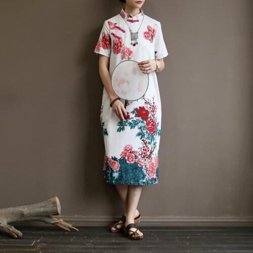 Johnature Women Chinese Style Dress Stand Short Sleeve Cheongsam 2021 Summer New Print Floral Cotton Linen Women Vintage Dress