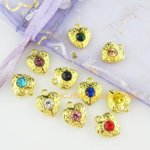 20 New Heart Charms Gold Color Retro Flower Mixed Crystal Pendants 10x11.5mm