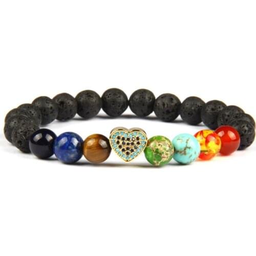 Ailatu Blue Cz Love Heart Chakras Bracelet with 8mm Natural Multi Stone Beads Chakra Jewelry