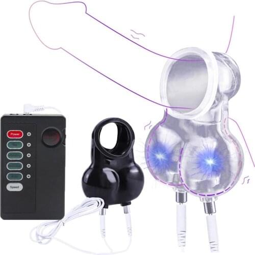 SM Play Electric Shock Scrotum Bondage Sleeve Penis Lock Delay Ring Electro Stimulator Male Chastity Cock Cage Sex Toys For Gay