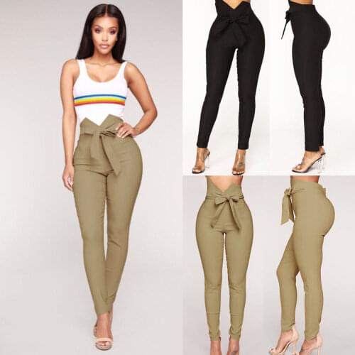 Fashion Women High Waist Casual Pants Fashion Ladies Bowknot Long Slim Skinny Pants Bandage Elastic Pencil Trousers With Sashes