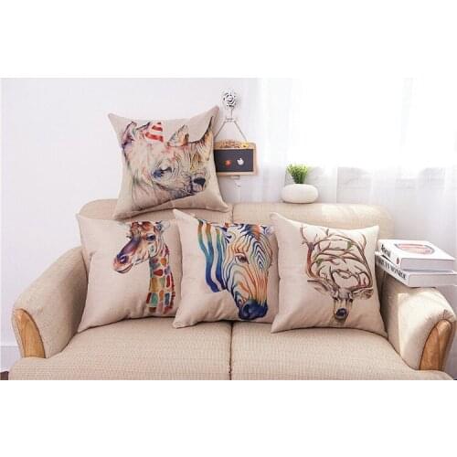 Cartoon Animal Deer Giraffe Zebra Dog Cat Cushion Cover Cotton Linen Decorative Throw Pillow Cover Seat Sofa Embrace Pillow Case