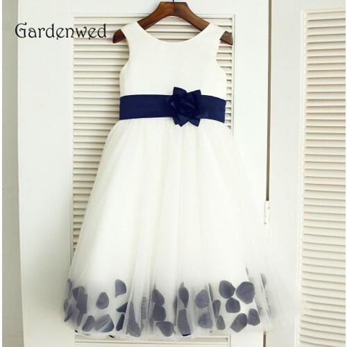 Gardenwed 2019 white pageant dress Scoop Neck Blue Flower Sash Bottom Rose Petal communion dresses Cute Baby Gowns