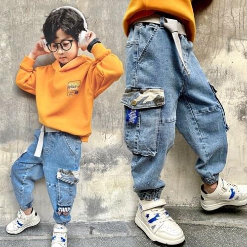 2021 Autumn Kids Jeans Boys Big Pockets Jeans for Boys Hip Hop jeans Cargo pants 6 8 10 11 12 Year Spring Fashion Boys clothing