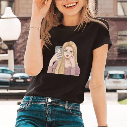 Disney Princess Rapunzel Graphic T Shirt Women Tops O-neck Sexy Black Tees Funny Summer Female Soft Kawaii T-shirt