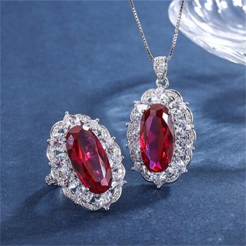 QTT Oval Silver 925 Fine Jewelry Set Red Cubic Zirconia Wedding CZ Jewelry Sets Women Pendant Necklace Rings Set