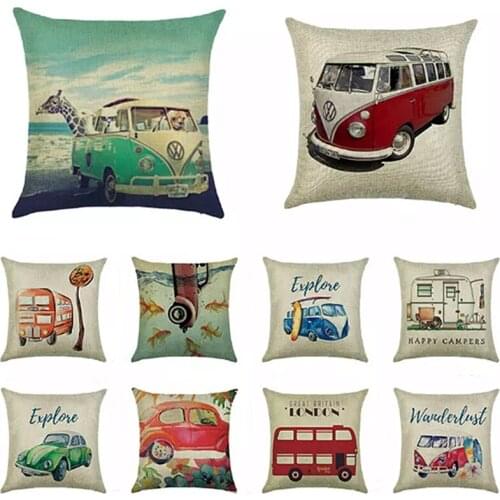 Retro Cartoon Bus Car Cushion Cover 45cm*45cm Linen Throw Pillow Covers Couch Home Decorative Pillows Case Car Bus Pillowcase