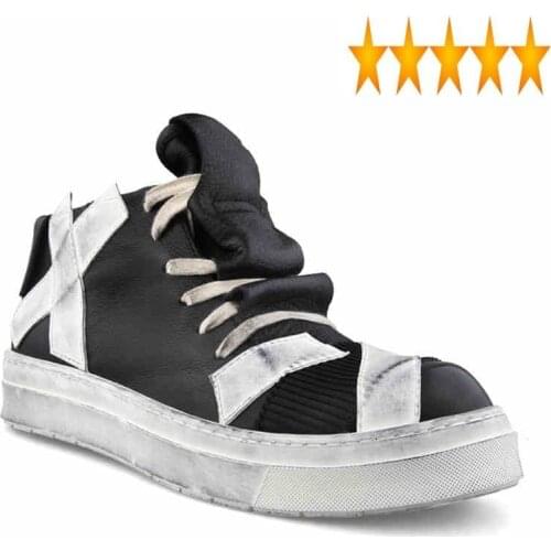 Men Harajuku Style Vintage Genuine Leather Street Hip Hop Mixed Colors Casual Shoes Designer Lace-Up Platform Sneakers